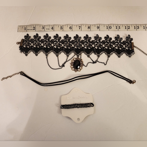 Goth Gemstone Simple Black Lace Choker Bracelet Bundle - Picture 2 of 4